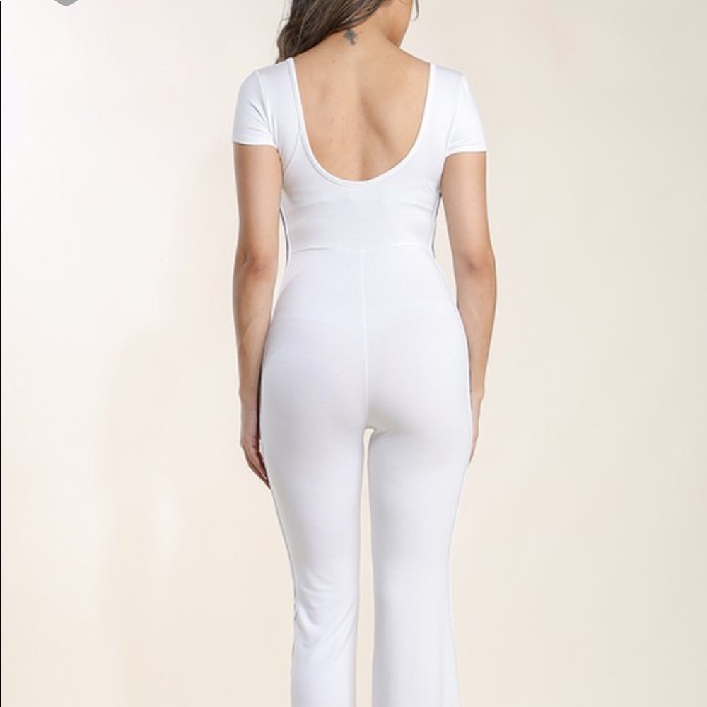 White Black Stripe Catsuit Jumper Romper Stretch - Picture 4 of 5